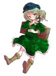 1girl ability_card_(touhou) alphes_(style) backpack bag blue_hat blush boots brown_boots camouflage camouflage_shirt camouflage_skirt card closed_mouth collared_shirt commentary_request contrast_collar dairi flat_cap frilled_shirt_collar frilled_skirt frills full_body furrowed_brow green_eyes green_hair green_shirt green_skirt hat holding holding_card jewelry key key_necklace large_variant_set looking_at_viewer necklace parody pocket shirt short_hair skirt skirt_set smile solo style_parody tachi-e touhou transparent_background variant_set yamashiro_takane