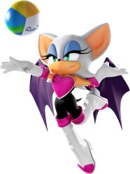 1girl 3d animal_ears animal_nose aqua_eyes arms_up ball bat_ears bat_girl bat_wings black_bodysuit blue_eyeshadow body_fur bodysuit boots breasts closed_mouth elbow_gloves eyeshadow female_focus full_body furry furry_female gloves half-closed_eyes heart high_heels highres jumping leg_up lipstick looking_up makeup mario_&amp;_sonic_(series) mario_&amp;_sonic_at_the_rio_2016_olympic_games medium_breasts official_art outstretched_arm pink_trim purple_lips purple_wings rouge_the_bat serious short_hair sideways_mouth simple_background solo sonic_(series) tail thigh_boots third-party_source volleyball volleyball_(object) white_background white_boots white_fur white_gloves white_hair wings