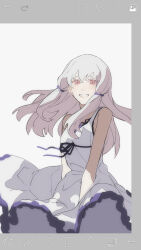 0_ebj 1girl art_program_in_frame bare_shoulders blunt_bangs commentary_request dress fire_emblem fire_emblem:_three_houses floating_clothes grey_background hair_floating_upwards happy head_tilt highres light_blush long_hair looking_at_viewer lysithea_von_ordelia lysithea_von_ordelia_(timeskip) nintendo parted_lips pink_eyes pink_lips shade sleeveless sleeveless_dress smile solo standing teeth unfinished white_hair