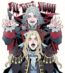 2boys alucard_(castlevania) amon_sheep arms_up black_cape black_coat blonde_hair cape castlevania_(series) chain claw_pose coat commentary curtained_hair dead_by_daylight dracula_(castlevania) english_commentary english_text facial_hair fangs father_and_son fingernails goatee lapels long_hair long_sleeves looking_at_viewer male_focus medium_hair multiple_boys mystical_high_collar neck_ribbon notched_lapels open_mouth pointy_ears ribbon rope sharp_fingernails sleeve_cuffs teeth tongue two-sided_cape two-sided_fabric upper_body vampire wavy_hair white_ribbon yellow_eyes