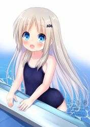 Rule 34 | 1girl, bat hair ornament, blonde hair, blue eyes, blue one-piece swimsuit, competition school swimsuit, hair ornament, highres, kud wafter, kudpoid (71139), little busters!, long hair, looking at viewer, noumi kudryavka, one-piece swimsuit, poolside, school swimsuit, solo, swimsuit, water, white background