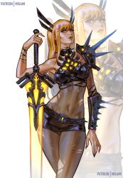 1girl absurdres armor black_gloves blonde_hair blue_eyes breasts cleavage cleavage_cutout clothing_cutout crop_top gloves highres holding holding_sword holding_weapon huge_weapon long_hair looking_at_viewer magik_(x-men) marvel marvel_rivals midriff misa_mi navel short_shorts shorts solo sword thighhighs weapon x-men