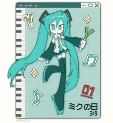 1girl aqua_background aqua_eyes aqua_hair aqua_necktie aqua_trim arm_at_side bare_shoulders black_boots black_sleeves boots border character_name closed_mouth colored_shoe_soles dated detached_sleeves dot_nose double-parted_bangs food full_body grid_background hair_between_eyes hair_ornament hashtag-only_commentary hatsune_miku holding holding_food holding_spring_onion holding_vegetable long_hair long_sleeves looking_at_viewer miku_day miniskirt musical_note necktie no_pupils no_sclera outline outside_border outstretched_arm pale_skin piano_keys plantar_flexion pleated_skirt shirt simple_background single_eyebrow skirt sleeveless sleeveless_shirt sleeves_past_wrists smile solo sparkle spring_onion standing standing_on_one_leg takawoyu thigh_boots thighhighs tie_clip twintails vegetable very_long_hair vocaloid white_border white_outline white_shirt window_(computing) zettai_ryouiki