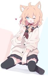 1girl ;d ahoge alternate_costume animal_collar animal_ear_fluff animal_ears aqua_eyes bell between_legs black_sailor_collar black_shoes black_skirt black_thighhighs blonde_hair blue_eyes blush borrowed_character buttons cardigan cat_ears cat_girl character_request collar commission flower full_body hair_between_eyes hair_flower hair_ornament hand_between_legs hand_up heart highres jingle_bell kneeling loafers long_hair long_sleeves looking_at_viewer low_twintails medium_hair miniskirt neck_bell neckerchief one_eye_closed open_mouth orange_hair pleated_skirt red_collar red_neckerchief sailor_collar satoh_vrc school_uniform serafuku shoes short_twintails simple_background skeb_commission skirt smile solo thighhighs twintails v vrchat w white_background white_cardigan white_flower zettai_ryouiki