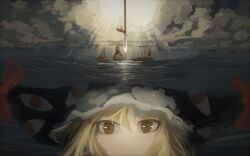 Rule 34 | 1girl, blonde hair, bow, brown hat, cloud, commentary request, gap (touhou), grey sky, hat, long hair, looking at viewer, mob cap, no mouth, polearm, red bow, ritsuzou, sky, solo, spear, touhou, weapon, white hat, yakumo yukari