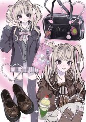 1girl bag bag_charm bead_charm beads black_coat black_thighhighs blonde_hair bo_chan1128 brown_camisole brown_jacket brown_leg_warmers brown_shoes camisole cellphone cellphone_charm character_charm charm_(object) cherry coat commentary cup dolphin fashion food fruit gyaru heart hello_kitty hello_kitty_(character) highres ice_cream ice_cream_float jacket kogal kuchipatchi leg_warmers long_hair mary_janes multiple_views open_clothes open_jacket original phone pink_ribbon plaid_clothes plaid_skirt rhinestone ribbon sanrio school_bag school_uniform shoes skirt smartphone squatting symbol-only_commentary tamagotchi tan_hello_kitty thighhighs two_side_up unworn_shoes v white_skirt zettai_ryouiki
