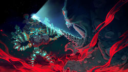 aura dark_background frox glowing helmet highres link mask mineru_(zelda) nintendo official_alternate_costume one-eyed red_eyes riding spike_ball spotlight the_legend_of_zelda the_legend_of_zelda:_tears_of_the_kingdom tusks yahaha zonaite_set_(zelda)