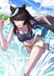 1girl alternate_costume animal_ears beach black_hair black_sports_bra blue_sky blush breasts calstone_light_o_(umamusume) cleavage cloud cloudy_sky collarbone commentary_request day hair_between_eyes highres horse_ears horse_girl horse_tail kamikumo_(km_kamikumo) long_hair medium_breasts multicolored_hair navel ocean open_mouth outdoors running sand sandals shorts sidelocks sky solo sports_bra stomach streaked_hair tail umamusume very_long_hair water white_hair white_shorts yellow_eyes