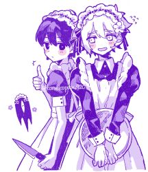 Rule 34 | 2boys, alternate costume, basil (faraway) (omori), basil (omori), blush, bright pupils, closed mouth, enmaided, flower, flying sweatdrops, hair flower, hair ornament, holding, holding knife, holding tray, knife, komekopan 720, long sleeves, maid, maid headdress, male focus, monochrome, multiple boys, omori, open mouth, puffy short sleeves, puffy sleeves, short hair, short sleeves, simple background, smile, something (omori), sunny (omori), thumbs up, tray, twitter username