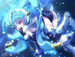 Rule 34 | ass, audio jack, black gloves, blue hair, blunt bangs, blush, braid, crown braid, dated, eiyuu densetsu, fairy, falcom, from behind, gloves, hair ornament, hand up, highres, kuro no kiseki (series), leg up, leotard, looking at viewer, looking back, mare (eiyuu densetsu), metal belt, open mouth, pointy ears, pommel tassel, purple eyes, shoes, signature, silver shoes, tassel, thighhighs, tinybiard, twintails