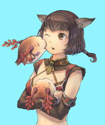 1girl adventurer_(ff11) animal_ear_fluff animal_ears artist_name black_hairband blue_hair breasts brown_hair brown_pupils brown_sleeves cactus41747280 cat_ears cat_girl detached_sleeves final_fantasy final_fantasy_xi floating_hair hairband highres holding leech light_blue_hair long_sleeves low_ponytail medium_breasts mithra_(ff11) one_eye_closed open_mouth ponytail short_hair solo