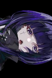 1girl absurdres black_background black_coat blunt_bangs coat commentary cross cross_facial_mark culua earrings facial_mark fangs grey_eyes hashtag-only_commentary highres jewelry looking_at_viewer medium_hair multicolored_eyes nirtea34 open_mouth portrait purple_eyes purple_hair rk_music simple_background solo teeth tongue two-tone_eyes virtual_youtuber