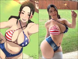 1girl american_flag_bikini american_flag_print bare_shoulders bikini black_hair breasts bunny_ayumi butcha-u comparison denim denim_shorts flag_print flag_print_bikini highleg huge_breasts large_breasts long_hair looking_at_viewer navel photo_inset print_bikini shorts smile swimsuit thick_thighs thighs