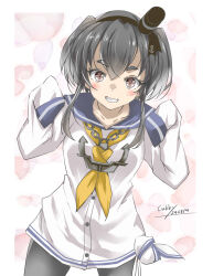 1girl anchor anchor_symbol artist_name black_hair black_pantyhose blush breasts brown_eyes cowboy_shot dated dress gakky gradient_hair grey_hair hairband hat highres kantai_collection long_hair long_sleeves looking_at_viewer mini_hat multicolored_hair neckerchief pantyhose sailor_collar sailor_dress school_uniform seamed_legwear serafuku shirt short_hair short_hair_with_long_locks side-seamed_legwear sleeves_past_wrists small_breasts smile solo tied_shirt tokitsukaze_(kancolle) yellow_neckerchief