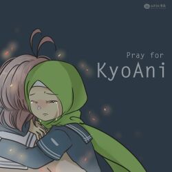 Rule 34 | 2girls, antenna hair, blue shirt, brown hair, brown shirt, clannad, closed eyes, crying, english text, furukawa nagisa, green hijab, highres, hijab, hug, kyoto animation, long sleeves, multiple girls, muslim, muslim manga, original, school uniform, shirt, simple background, tears, upper body