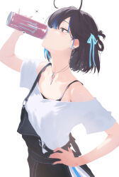 1girl ahoge blue_ribbon blue_streaks brown_hair can cohi27151463 commentary_request drink drink_can drinking energy_drink hair_rings hand_on_own_hip head_tilt highres holding holding_can holding_drink indie_virtual_youtuber jewelry mole mole_under_eye monster_energy multicolored_hair necklace off-shoulder_shirt off_shoulder ribbon shirt short_hair simple_background skirt solo streaked_hair suspender_skirt suspenders suspenders_slip virtual_youtuber white_background white_shirt yubari_rei