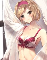 1girl 218 bare_shoulders blush bow bow_bra bra breasts brown_eyes cleavage closed_mouth collarbone commentary_request curtain_grab curtains day djeeta_(granblue_fantasy) female_focus granblue_fantasy hairband head_tilt indoors light_brown_hair looking_at_viewer medium_breasts navel pink_bra purple_hairband short_hair smile solo sunlight transparent underwear window