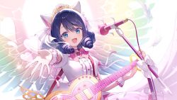 Rule 34 | 1girl, :d, animal ear fluff, animal ears, backlighting, blue eyes, blue hair, blush, bow, breasts, cat ears, center frills, cyan (show by rock!!), drill hair, electric guitar, fang, feathered wings, feathers, frilled shirt, frills, guitar, hair between eyes, heart, highres, holding, holding instrument, instrument, looking at viewer, medium breasts, microphone, microphone stand, momoshiki tsubaki, open mouth, outstretched arm, pink bow, puffy short sleeves, puffy sleeves, shirt, short sleeves, show by rock!!, simple background, skirt, smile, solo, strawberry heart (show by rock!!), tiara, white background, white feathers, white shirt, white skirt, wings