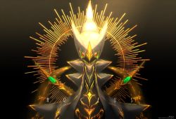 arceus artist_name body_markings character_name colored_sclera commentary creatures_(company) game_freak gen_4_pokemon glowing_markings green_sclera highres iogi_(iogi_k) legendary_pokemon looking_at_viewer mythical_pokemon nintendo no_humans pokemon pokemon_(creature) red_eyes solo watermark