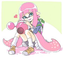 1girl absurdly_long_hair blue_eyes blue_shirt fangs full_body grey_shorts highres holding holding_weapon ink_tank_(splatoon) inkling inkling_girl inkling_player_character long_hair long_sleeves looking_at_viewer luna_blaster_(splatoon) nintendo open_mouth pink_hair pleated_skirt pointy_ears sailor_collar sen_squid shirt shoes shorts shorts_under_skirt sitting skirt smile sneakers socks solo splatoon_(series) tentacle_hair third-party_source very_long_hair weapon white_sailor_collar white_skirt white_socks yellow_shoes
