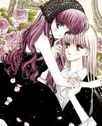 Rule 34 | 2girls, black dress, blonde hair, dress, flower, grabbing another&#039;s arm, hand on another&#039;s chin, highres, long hair, multiple girls, nui nakato, original, petals, red hair, rose, veil