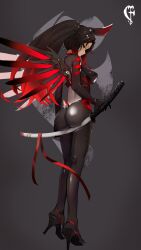 1girl absurdres animal_ears artist_logo ass back black_background black_hair blue_eyes bodysuit borrowed_character breasts closed_mouth commission dark_persona from_behind from_side full_body gradient_hair grey_background hand_on_hilt headgear high_heels high_ponytail highres holding holding_sword holding_weapon horns katana kneepits legs_together logo long_hair looking_at_viewer looking_back mechanical_wings medium_breasts multicolored_hair nin_fake original ponytail profile rabbit_ears red_hair red_ribbon red_wings ribbon scabbard sheath sheathed shiny_clothes simple_background skin_tight solo standing sword two-tone_hair weapon wings