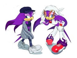 1girl alternate_costume beak bird_girl black_hat blue_eyes bright_pupils closed_mouth commentary_request flame_print full_body furry furry_female glasses gloves grey_jacket hat highres jacket multiple_views open_clothes open_jacket open_mouth red_footwear shoes simple_background sleeves_past_fingers sleeves_past_wrists smile sneakers sonic_(series) sonic_riders_(series) standing strapless tail tokiwa757 tube_top wave_the_swallow white_background white_footwear white_gloves white_pupils white_tube_top