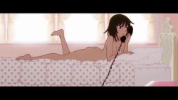 1girl animated animated_gif ass bakemonogatari barefoot bedroom breasts brown_hair butt_crack completely_nude corded_phone female_focus from_side leg_up lowres lying medium_hair monogatari_(series) nipples nude on_bed phone sengoku_nadeko small_breasts solo tagme third-party_edit video