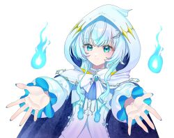 1girl blue_eyes blue_hair blue_nails blush bow bowtie buren cloak closed_mouth commentary_request dress fingernails highres hitodama hood hood_up hooded_cloak kasukane_shino long_hair long_sleeves looking_at_viewer nanashi_inc. reaching reaching_towards_viewer simple_background smile solo upper_body virtual_youtuber white_background white_bow white_bowtie white_cloak white_dress