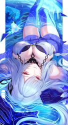 1girl bare_shoulders blue_thighhighs breasts closed_mouth genshin_impact highres large_breasts long_hair looking_at_viewer lying on_back penguintake red_eyes revision see-through_clothes skirk_(genshin_impact) thighhighs thighs upside-down water white_hair