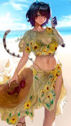 absurdres animal_ears backlighting beach bikini bikini_under_clothes black_hair bloom blue_nails blue_sky blush bracelet cyborg erina_makina floral_print gold_bracelet gradient_hair hat heterochromia highres jewelry looking_at_viewer mechanical_arms mn374390 multicolored_hair ocean pendant phase_connect sandals see-through_clothes single_mechanical_arm sky straw_hat sun_hat sunflower_print swimsuit tail tiger_ears tiger_girl tiger_tail wet wet_hair