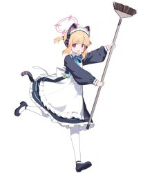 Rule 34 | 1girl, animal ear headphones, animal ears, apron, blue archive, broom, cat ear headphones, commentary request, derivative work, dress, duochichufanghuashengmi, fake animal ears, halo, headphones, holding, holding broom, long sleeves, looking at viewer, maid, maid headdress, momoi (blue archive), momoi (maid) (blue archive), neck ribbon, official alternate costume, open mouth, orange hair, pink eyes, red halo, ribbon, short hair, white apron