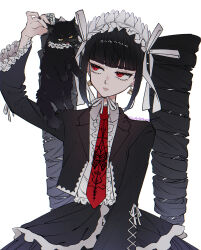 1girl absurdres animal black_jacket black_skirt cat celestia_ludenberg center_frills collared_shirt danganronpa:_trigger_happy_havoc danganronpa_(series) drill_hair frilled_jacket frilled_skirt frills highres jacket long_sleeves necktie open_clothes open_jacket red_eyes red_necktie shimaya shirt sideways_glance simple_background skirt twin_drills twintails white_background