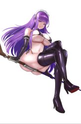 1girl :t bikini black_bikini boots breasts broom broom_riding crossed_legs elbow_gloves fern_(sousou_no_frieren) full_body gloves high_heels highres large_breasts long_hair looking_at_viewer lunaliene_ray maid_headdress micro_bikini purple_eyes purple_hair simple_background sitting solo sousou_no_frieren swimsuit thigh_boots v-shaped_eyebrows very_long_hair