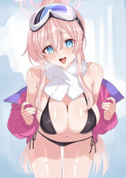 1girl absurdres armpit_crease bikini black_bikini blue_archive blunt_bangs blush breasts breath commentary cosplay eimi_(blue_archive) eimi_(blue_archive)_(cosplay) eimi_(swimsuit)_(blue_archive) gluteal_fold goggles goggles_on_head halo highres jacket jacket_partially_removed large_breasts leaning_forward long_hair looking_at_viewer mimori_(blue_archive) navel padded_jacket pink_hair pink_jacket ponytail rynn_(darknescorez) scarf side-tie_bikini_bottom ski_goggles skindentation smile solo stomach string_bikini swimsuit thighs very_long_hair white_scarf