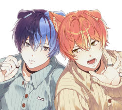 2boys alternate_costume animal_ear_fluff animal_ear_piercing animal_ears aoyagi_touya arm_up black_collar blue_hair brown_eyes cardigan choker claw_pose collar commentary dog_boy dog_ears double-parted_bangs eye_contact folded_ear grey_eyes hair_between_eyes hashtag-only_commentary highres jewelry long_sleeves looking_at_another looking_to_the_side male_focus multicolored_hair multiple_boys multiple_rings open_mouth orange_hair parted_lips pinstripe_pattern pinstripe_shirt project_sekai ray_(lthenray) ring shinonome_akito shirt side-by-side sideways_glance simple_background sleeve_cuffs sleeves_past_wrists split-color_hair teeth upper_body white_background wing_collar