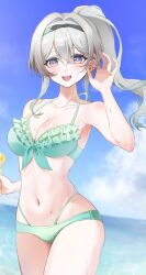 Rule 34 | 1girl, aqua bikini, beach, belly, bikini, blue sky, breasts, cajkhu9znz31769, cleavage, cloud, cloudy sky, firefly (honkai: star rail), green pupils, grey hair, hair between eyes, hair intakes, hand in own hair, highres, honkai: star rail, honkai (series), large breasts, long hair, multicolored eyes, navel, open mouth, outdoors, ponytail, sky, smile, solo, swimsuit, two-tone eyes, water