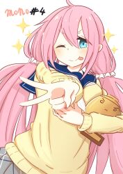 1girl blue_eyes dokusai_0207 dot_nose feet_out_of_frame female_focus hair_between_eyes highres kagamihara_nadeshiko long_hair long_sleeves looking_at_viewer mono_(afro) one_eye_closed pink_hair school_uniform simple_background solo sparkle standing sweater tongue tongue_out trophy v white_background yurucamp
