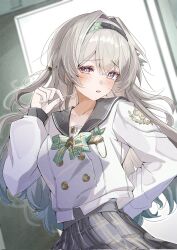 1girl aqua_hair arm_behind_back black_hairband black_sailor_collar blush firefly_(honkai:_star_rail) firefly_(spring_missive)_(honkai:_star_rail) gaohuang43450 gradient_hair grey_hair hair_between_eyes hairband hand_up highres honkai:_star_rail honkai_(series) indoors long_hair long_sleeves looking_at_viewer multicolored_hair official_alternate_costume parted_lips sailor_collar school_uniform shirt skirt solo upper_body white_shirt