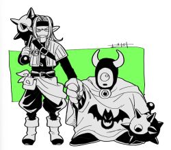 Rule 34 | 1boy, 1other, aged down, boots, border, cape, dragon quest, dragon quest monsters 3, frown, green background, greyscale with colored background, hdw91v, headband, holding, holding hands, holding mace, holding weapon, horns, jacket, jewelry, long hair, looking at viewer, mace, mask, monster, necklace, pants, parted hair, pisaro, pointy ears, robe, sash, short-sleeved jacket, short sleeves, spiked mace, spikes, unamused, weapon, white border, wrecktor