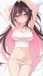 1girl absurdres armpits arms_behind_head azki_(hololive) blush breasts brown_hair choumei_(qca012005) hair_ornament hairpin highres hololive large_breasts looking_at_viewer lying medium_breasts navel on_back on_bed panties panty_pull pink_hair tank_top underwear virtual_youtuber white_hair white_panties