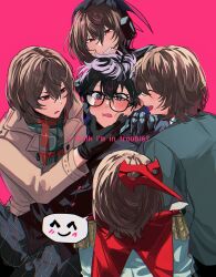 5boys absurdres akechi_gorou amamiya_ren black_gloves blush clenched_teeth closed_eyes crow_(persona_5) fsmaichobpeg0 gloves highres male_focus multiple_boys multiple_persona open_mouth persona persona_5 pink_background simple_background spoken_smile teeth yaoi
