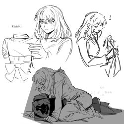 1girl absurdres arm_up arrow_(symbol) bang_dream! bang_dream!_it&#039;s_mygo!!!!! blush bow bowtie corset cowgirl_position highres holding holding_unworn_clothes implied_masturbation masturbation misumi_uika nideaneng pants riding sexually_suggestive shirt short_hair sketch straddling sweat unworn_clothes white_background