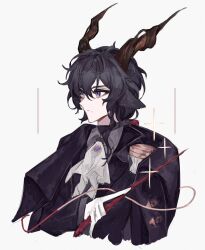 1boy animal_ears arknights ascot black_hair black_jacket collared_shirt commentary ebenholz_(arknights) epaulettes frown goat_boy goat_ears goat_horns grey_shirt highres holding holding_staff horns jacket jacket_on_shoulders looking_to_the_side male_focus purple_eyes senjunamako_(hakiaya) shirt simple_background sketch solo sparkle staff unfinished white_ascot white_background
