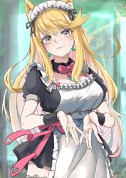Rule 34 | 1girl, animal ears, apron, black dress, blonde hair, breasts, cat ears, cat girl, chest jewel, cleavage, core crystal (xenoblade), cowboy shot, dress, earrings, highres, jewelry, large breasts, long hair, maid, maid headdress, mythra (xenoblade), sofusan1526, solo, upper body, white apron, xenoblade chronicles (series), xenoblade chronicles 2
