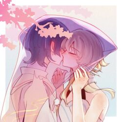 1boy 1girl alphastroo bare_shoulders blonde_hair blue_feathers blue_trim blunt_ends blush border breasts closed_eyes closed_mouth couple dress ear_blush feather_hair_ornament feathers genshin_impact hair_ornament halterneck hands_up hetero highres japanese_clothes kariginu kiss layered_sleeves lumine_(genshin_impact) purple_hair purple_sleeves purple_veil scaramouche_(genshin_impact) scaramouche_(kabukimono)_(genshin_impact) scarf see-through_clothes see-through_veil shared_veil short_hair short_hair_with_long_locks sidelocks small_breasts twitching veil white_border white_dress white_scarf white_sleeves