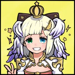 Rule 34 | 1girl, arch bishop (ragnarok online), blonde hair, blue eyes, blunt bangs, blush, cleavage cutout, clothing cutout, commentary request, cross, crown, dress, feathered wings, green eyes, grin, hair ornament, head wings, heterochromia, looking at viewer, lowres, medium hair, open mouth, ragnarok iris, ragnarok online, red dress, simple background, smile, solo, two-tone dress, upper body, v, v-shaped eyebrows, white dress, white wings, wing hair ornament, wings, yellow background