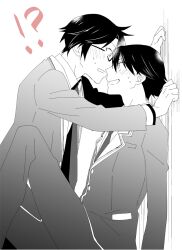 !? 2boys black_jacket black_pants blush chaos;child collared_shirt dress_shirt eye_contact greyscale hekiho_academy_school_uniform ikuhashi_muiko imminent_kiss itou_shinji_(chaos;child) jacket lapels looking_at_another male_focus miyashiro_takuru monochrome multiple_boys necktie nervous_sweating notched_lapels on_person open_mouth pants school_uniform science_adventure shirt short_hair simple_background sweat wavy_mouth white_shirt yaoi