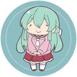 1girl =_= aqua_hair assault_lily blue_background bow brown_cardigan brown_shoes cardigan chibi closed_eyes closed_mouth commentary_request facing_viewer frilled_skirt frills full_body hair_between_eyes hair_bow half_updo kanba_girls_high_school_uniform long_hair long_sleeves lowres masaki_itsuki miniskirt necktie own_hands_together red_sailor_collar red_skirt round_image sailor_collar school_uniform shoes short_necktie simple_background skirt sleeves_past_wrists smile solo standing thighhighs toki_kureha transparent_background v_arms white_bow white_necktie white_thighhighs