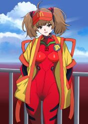 1girl absurdres bodysuit brown_eyes cloud cloudy_sky coat cosplay day hands_in_pockets headset highres imadake_dabuchi_tabemi kinomiki looking_at_viewer mcdonald&#039;s mecha_pilot_suit neon_genesis_evangelion plugsuit_(evangelion) red_bodysuit sky solo souryuu_asuka_langley souryuu_asuka_langley_(cosplay) standing visor_cap yellow_coat